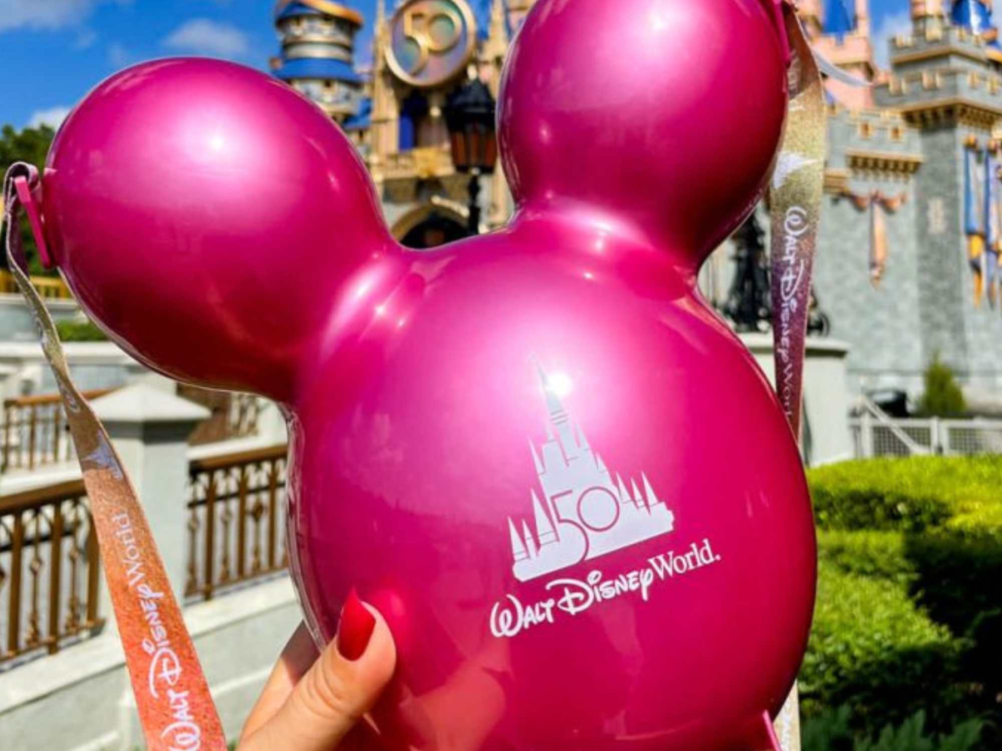 red Mickey Mouse Balloon shaped popcorn bucket, featuring the 50th anniversary and Walt Disney World logo.