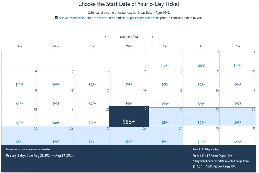 August 6 day ticket calendar