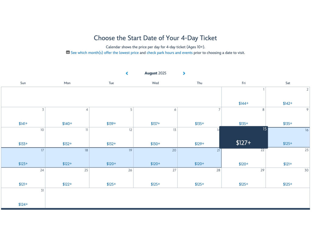 Walt Disney World ticket reservation screenshot, allowing guests to select the first day they would like their ticket to start.