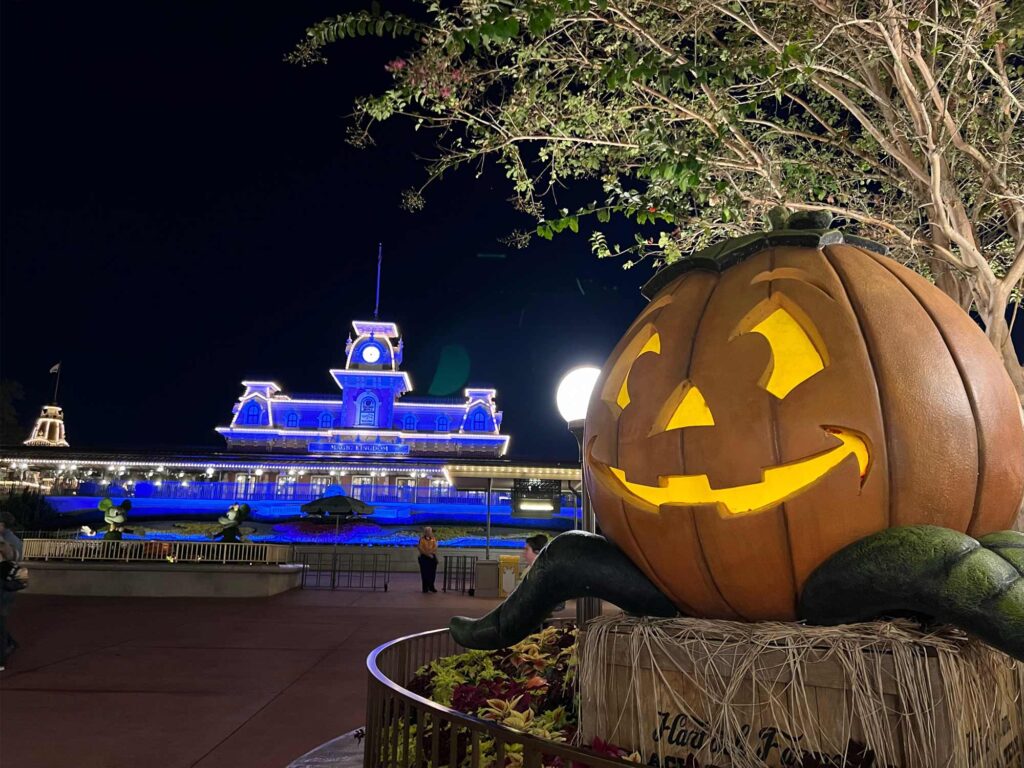 disney jack o lantern in front of train station halloween