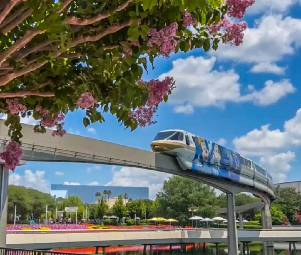 Monorail glides through EPCOT park offering guests things to do around Disney World 