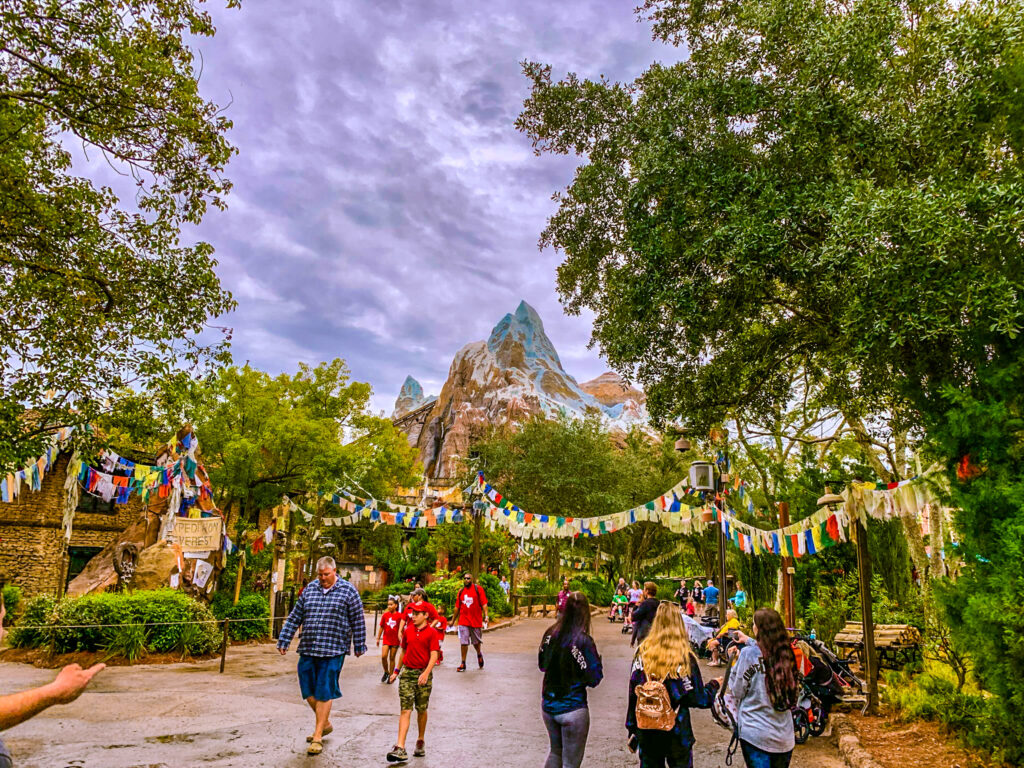 View of Expedition Everest in the distance as guests walk down the pathways of Disney World Animal Kingdom Park. Model of the Expedition Everest ride. Yeti ride at Disney World