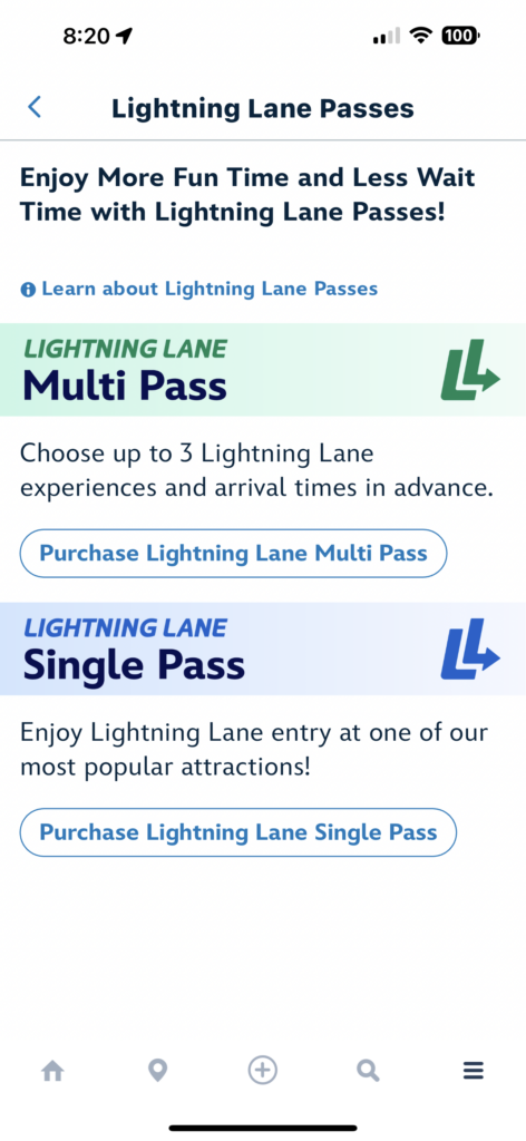 Screenshot of the My Disney Experience app showing the option to prepurches Disney World multipass