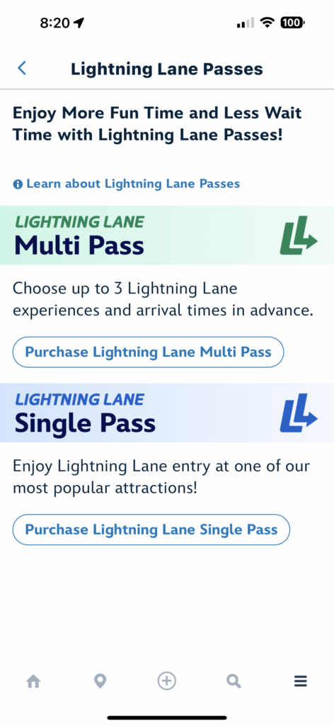 Screenshot of the My Disney Experience app showing the option to prepurches Disney World multipass