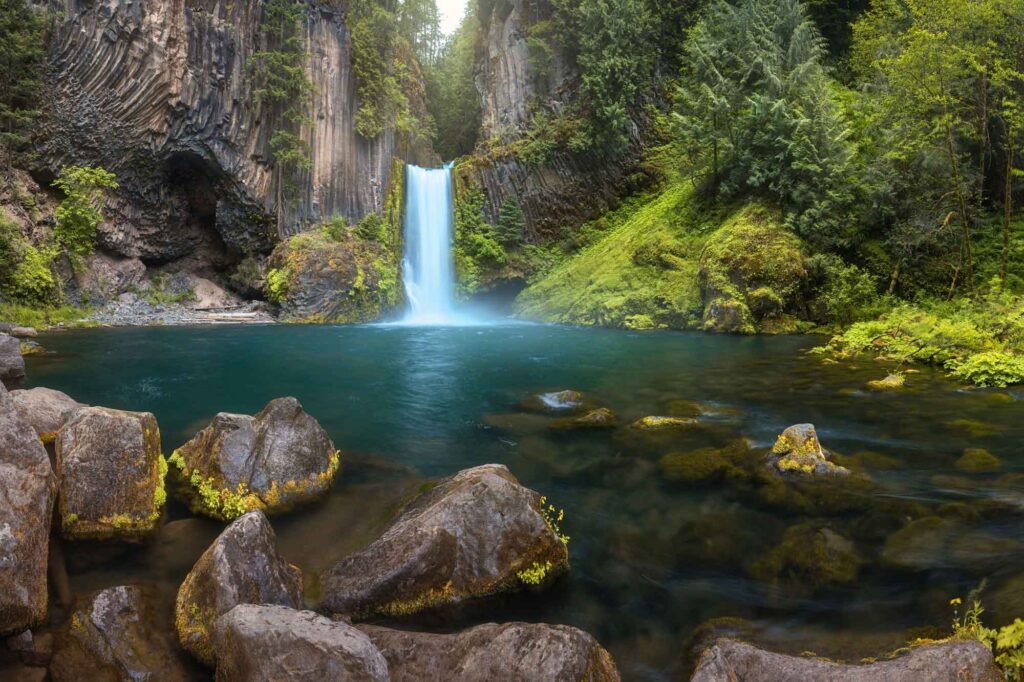 A view of Toketee Falls from the base of the cascade, one of the most scenic places in Oregon