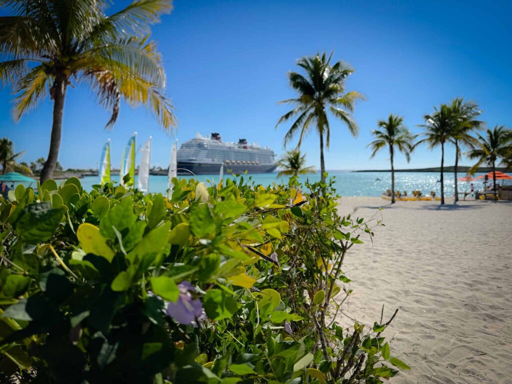 Disney Wish Cruise ship as seen from the shores of Castaway Cay.