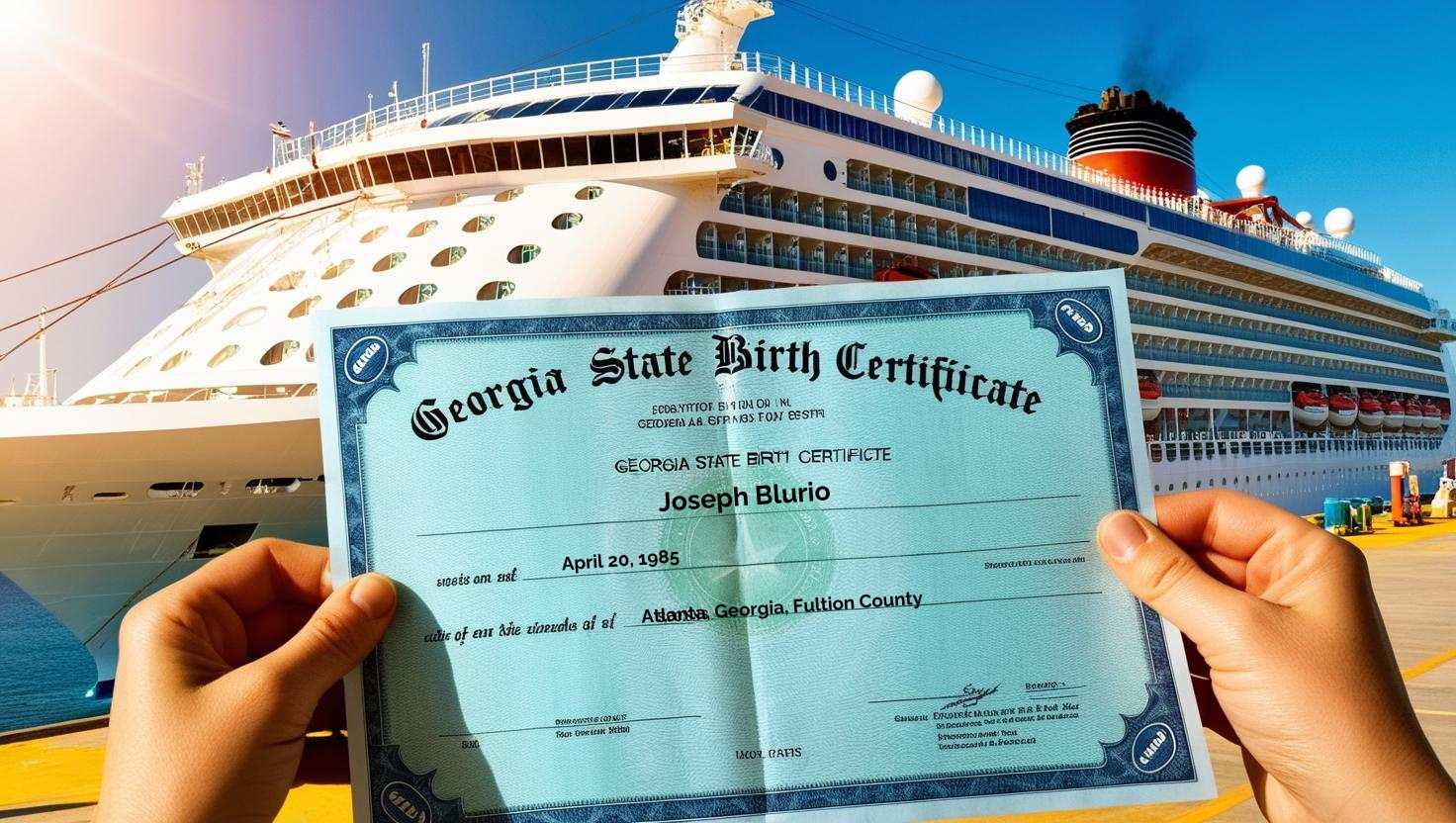 Two hands hold up a birth certificate in front of a cruise ship, representing the need for meeting cruise documentation requirements