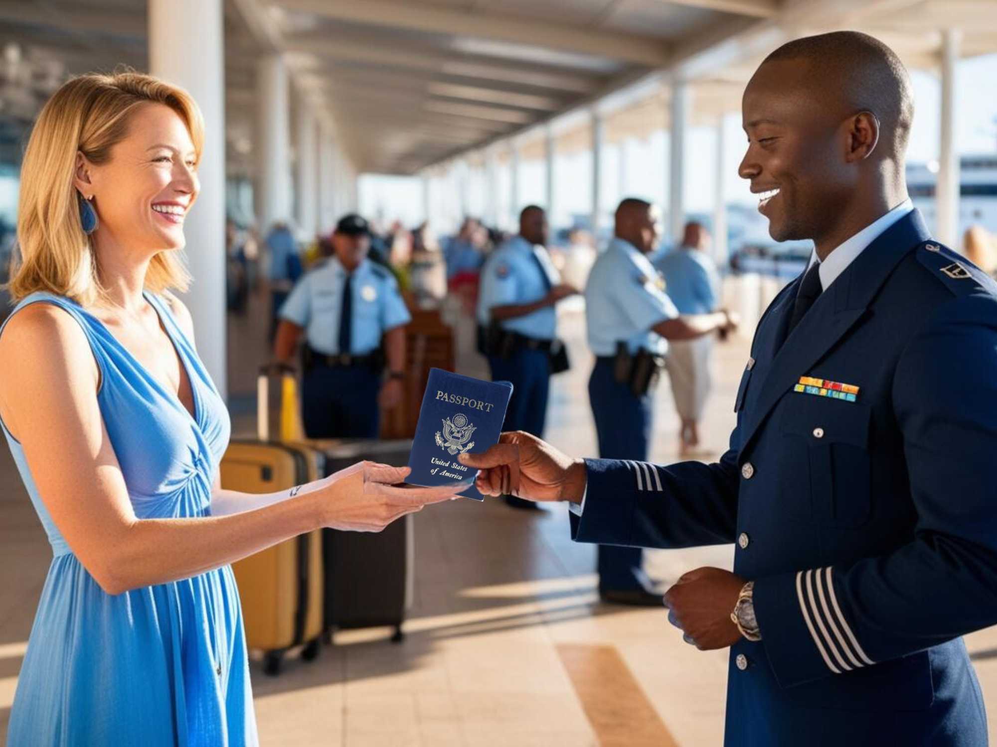 Cruise passenger hands her US passport to cruise line personal while checking in at a cruise port.