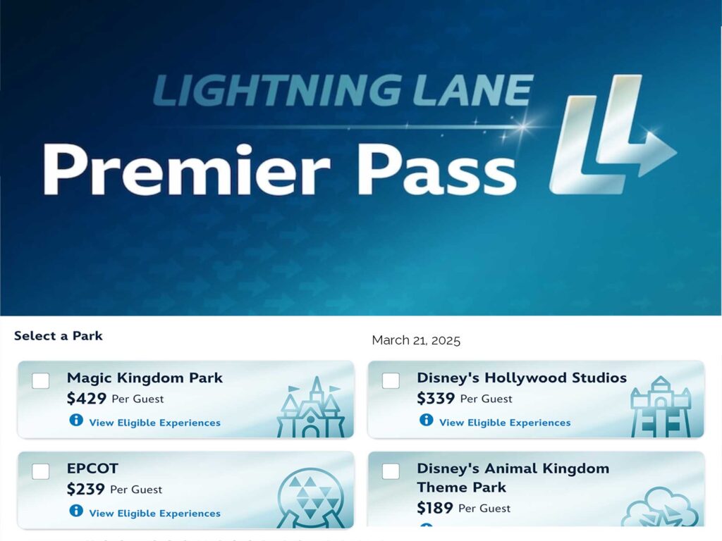 Screenshot of Disney World Premier Pass booking screen with costs for March 21, 2025.