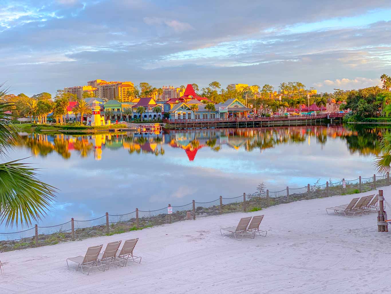 Walt Disney WOrld Carribean Beach Resort as seen from across the bay.