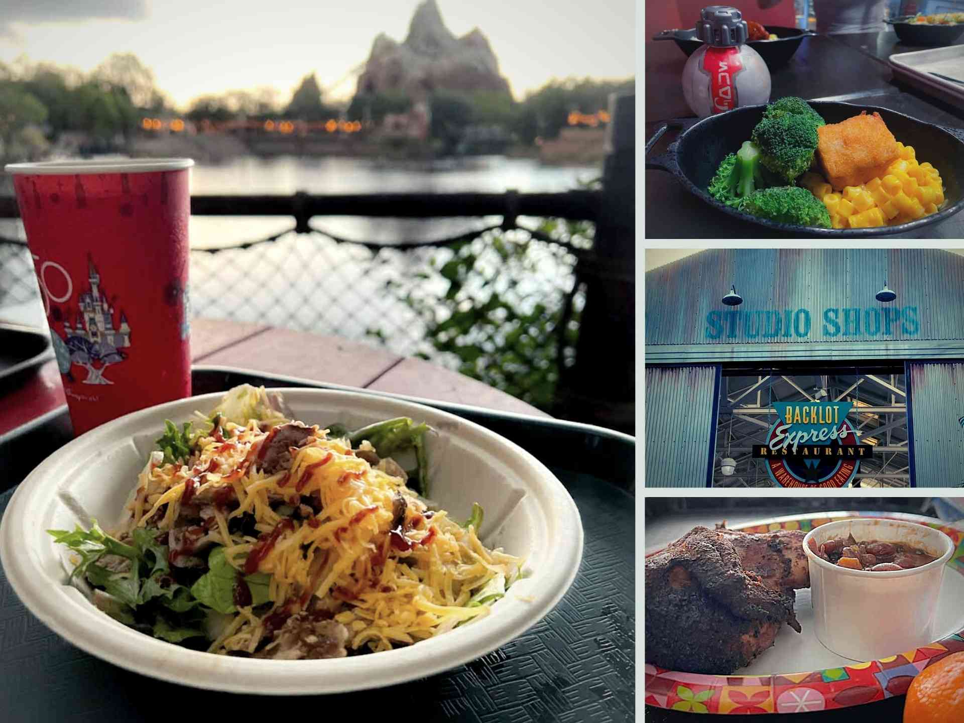 collage of food and restaurants that can be mobile ordered at Disney World